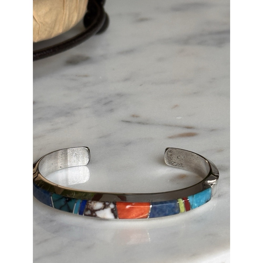 Wayne Muskett Navajo Sterling Silver Multi-Stone Inlay Cuff Bracelet Turquoise